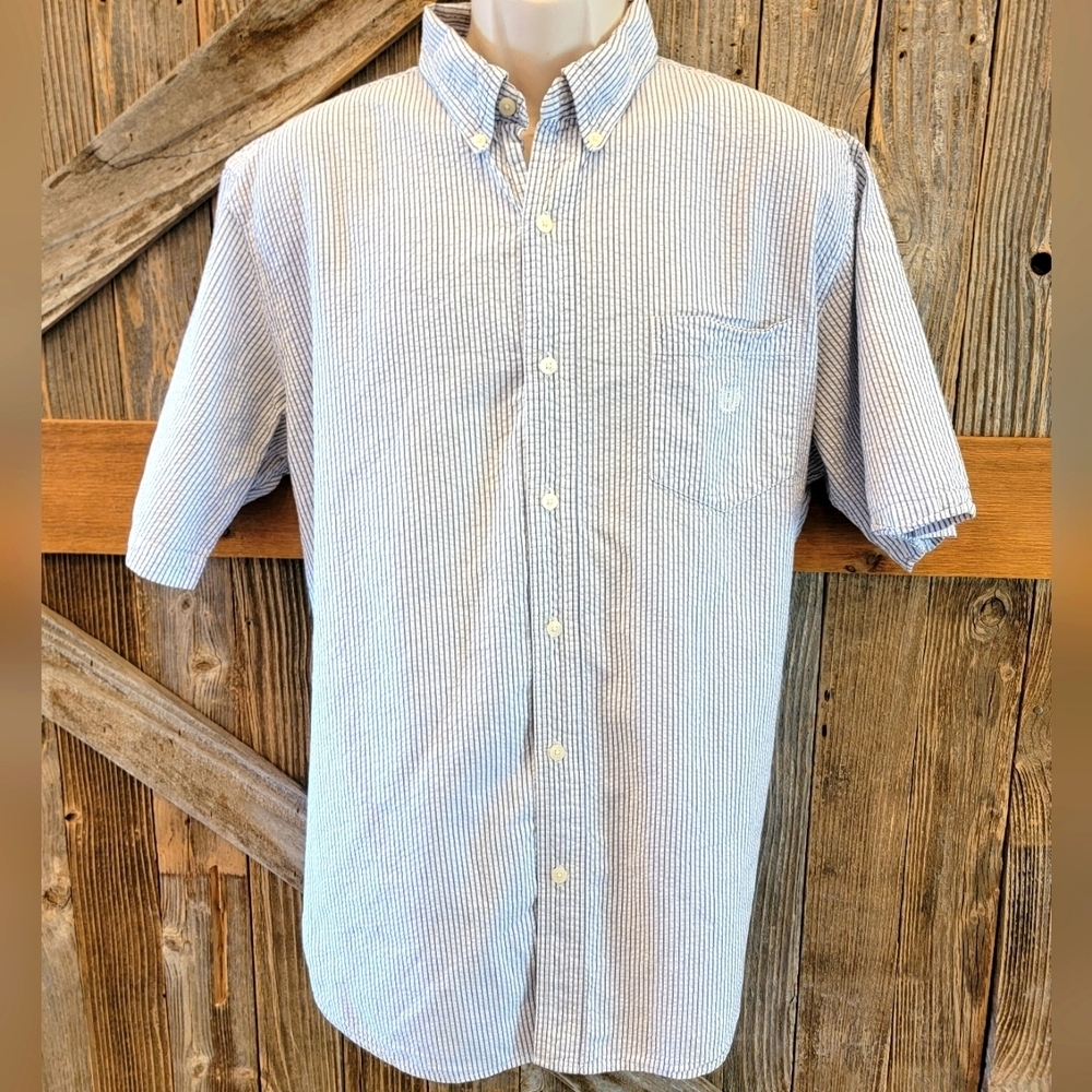 Chaps Ralph Lauren VTG Blue Seersucker Short Sleeve Button Shirt Mens XL